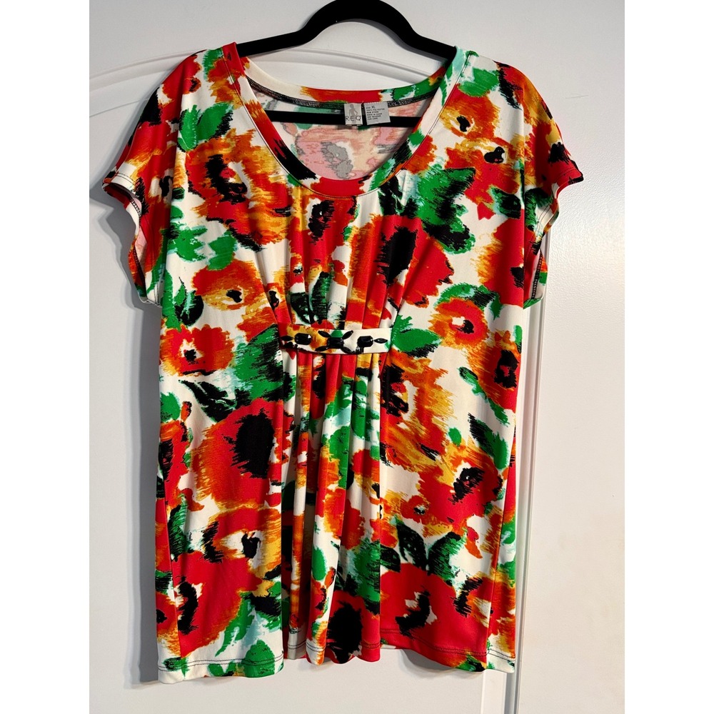 REQ‎ Floral Tunic Top Womens XL Red Orange Green Boho Beaded Empire Waist